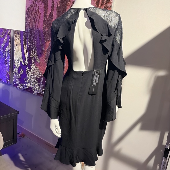 BCBGMAXAZRIA Black Chiffon Ruffle Hem Dress | Flutter Sleeves | Size Small - Picture 6 of 6